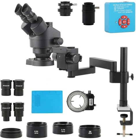 Microscopio con Soporte de Brazo articulado 3,5X 90X 180X Estéreo trinocular parfocal de Enfoque simultáneo con cámara microscópica 55MP 4K