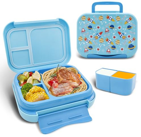 Ulife Mall Loncheras Bento para niños, 1200 ml, apilables, a prueba de fugas, con 5 compartimentos, lonchera portátil con asa para el trabajo escolar, apto para microondas y lavavajillas, color azul