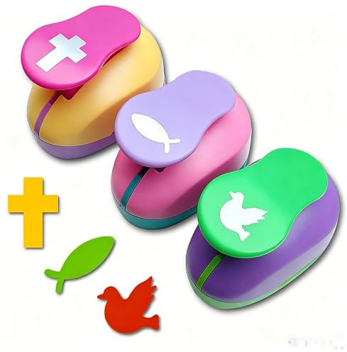 Stanzer Set Papierstanzer Motivstanzer Taube Fisch Kreuz Ausstanzer Set Motivlocher für Papier DIY Scrapbooking Basteln Streudeko, Kommunion, Konfirmation, Taufe 25mm