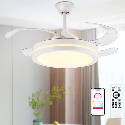 wisdom line Ventilatore da Soffitto Retrattile 107 cm, Lampada LED con Telecomando, 3 Temperature di Colore con Funzione Memoria, Motore DC per Camera e Soggiorno