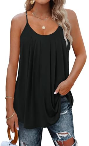 SENBATU Camiseta sin Mangas para Mujer con Tirantes Finos, sin Mangas, para Verano, Blusa Plisada con Cuello Redondo Grande Liso Negro XXX-Large 3XL 54-56