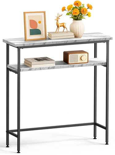 VOUNOT® Mesa Consola Estrecha 2 Niveles 80x24x80cm Mesa Auxiliar Entrada con 2 Estantes Metal y MDF Mesita Exposición Extremo de Sofá Diseño Industrial para Recibidor Salón Pasillo Dormitorio Blanco