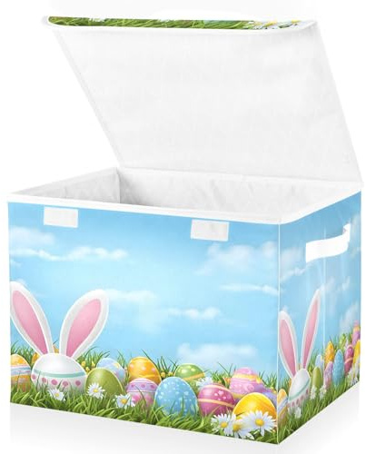 OWFKAY Large Collapsible Fabric Storage Bins with Lids 16.5*12.6*11.8in Easter Bunny Ear Egg Foldable Storage Boxes Organizer Containers Baskets Cube for Shelves