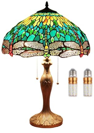 Five liters Tiffany Tischlampe 16/40 cm - Grüner Glasschirm mit Kristallperlen, Echtglas Leselampe für Wohnzimmer - Nachtlicht Schlafzimmer Dekor (Handarbeit Vintage Stil)