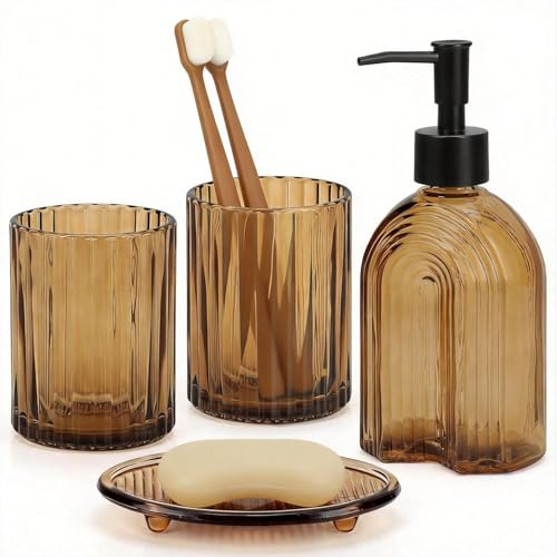 Juego de 4 accesorios de baño de vidrio ámbar, dispensador de jabón con diseño de rayas arqueadas, soporte para cepillo de dientes, vaso y jabonera, juego completo de organizador de encimera de baño