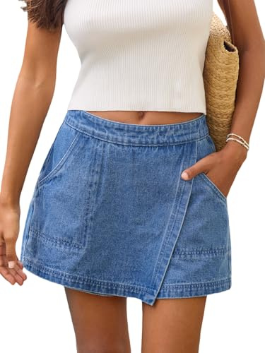 CUPSHE Jupe-short en jean taille haute pour femme - Style décontracté - Style vintage - Délavé, bleu, L