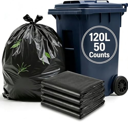 120L Heavy Duty Black Bin Bags Extra Strong Bin Bags, Refuse Sacks 90x100 cm Thickened Garden Waste Bags, Large Rubbish Bags for Office, Kitchen, Hospital, School, Commercial Use - 50Pcs Bin Liners