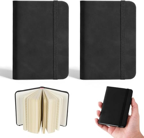 Gtwinsone 2 Stück Kleines Notizbuch A7 Notizblock Mini Notizbuch Schwarz 8 x 11 cm Pocket Notebook mit Liniert 100 Seiten Taschennotizbuch Leder mit Elastischem Verschlussband für Reisen Schule