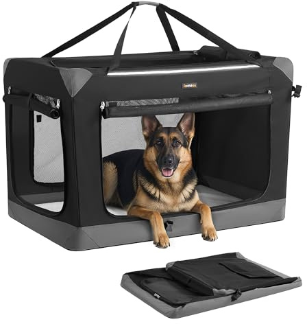 Feandrea Hundebox faltbar, Transportbox, Hundetasche, Oxford-Gewebe, mit 4 Türen aus Netzstoff, Griffen, Tasche, 106,7 cm, für große Hunde, tintenschwarz-Taubengrau PDC031BH01