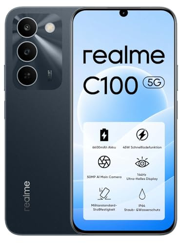 realme C100 5G Smartphone 256GB ROM, Batería Titan 6600mAh y Carga Rápida 45W, Teléfono Móvil con 144Hz Ultra Brillante, Android 16 Móviles Resistencia a Antigolpes Militar, Carga Inversa 6.5W, IP64