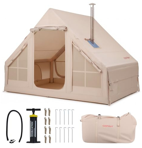 COSTWAY Inflatable Camping Tent, Waterproof 4-Season Blow-up Air Tent with Pump, Mesh Screen Windows and 2 Doors, Easy Setup 4-6 People Windproof Luxury Cabin Tents for Family