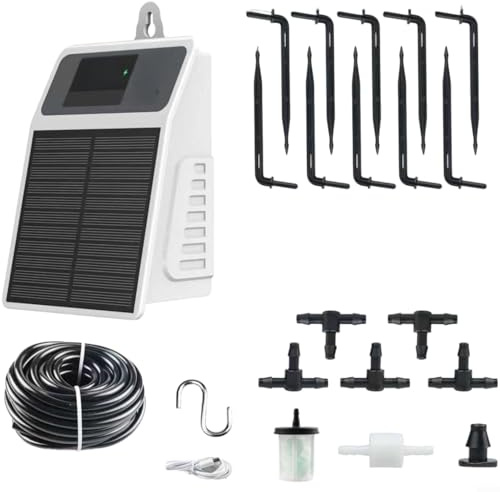Fauhapyway Systèmes d'arrosage de jardin 10 m, kits d'irrigation goutte à goutte automatique à énergie solaire, avec batterie de 2200 mAh pour une utilisation en extérieur sur balcon