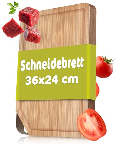 RÖSLE Schneidebrett mit Edelstahlgriff, 36x24 cm, Hochwertiges Schneidebrett Holz aus robustem Ulmenholz, Holzschneidebrett für universellen Einsatz, rutschfestes Küchenbrett und Servierbrett | Rutschfest durch Gummifüße, messerschonend und formstabil, mit Saftrille, ideal auch als Servierbrett