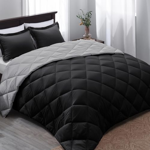 Basic Beyond Queen Comforter Set - Black Comforter Set Queen, Reversible Bed Comforter Queen Set for All Seasons, Black/Grey, 1 Comforter (88x92) and 2 Pillow Shams (20x26+2)