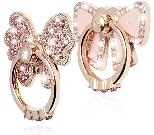 Finger Ring Stand Grip,2 Pack Luxury Glitter Diamond Universal Metal Kickstand for iPhone 16/15/14/13 Pro Max, Galaxy S24/S23/S22 Ultra, Finger Ring Grip Holder for All Smartphone, Pink/Bowknot