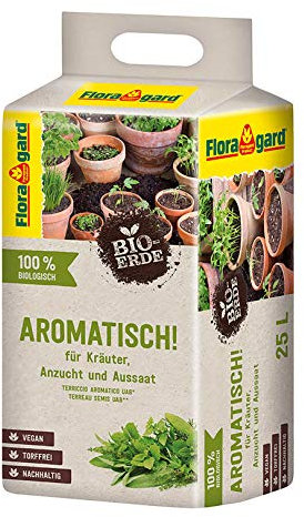 Floragard Bio-Erde Aromatisch 25 L – torffreie, vegane Kräuter- & Anzuchterde mit lockerer, feiner Struktur für Aussaat, aromatische Kräuter & Jungpflanzen – fördert Gute Keimung & gesundes Wachstum