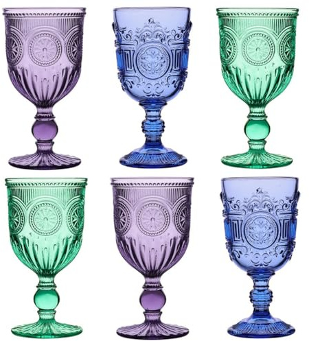 Dibor 6 Piece Purple, Blue & Green Embossed Wine Glass Set - Dishwasher Safe