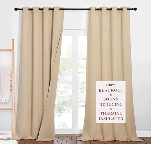 NICETOWN Thermal Insulated 100% Blackout Curtains, Dust Isolate Noise Reducing Drapes with Felt Fabric Liner, Full Light Blocking Panels for Patio (Biscotti Beige, 1 Pair, 52 inches x 95 inches)