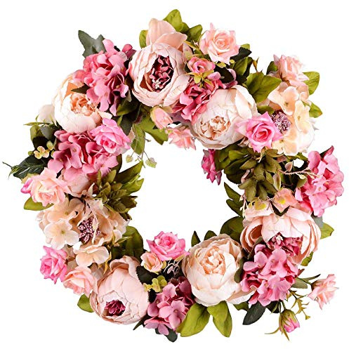 Dekorativer Kranz 40cm Frühlingstürkranz,Künstlicher Blumenkranz Pfingstrosenkranz, handgefertigter Kranz für Außentürkranz,Innenaußenkranz für Haustür,Pfingstrosenblumenkranz Künstlicher Dekorativer