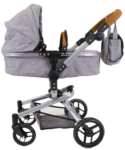 Bandits & Angels Puppenwagen Grau Modern Angel 2in1 Grau limitiert ab 3 Jahren – Puppenwagen – Für Mädchen – Verstellbare Schiebestange 48-81 cm – Vollständig zusammenklappbar – Mit Einkaufskorb