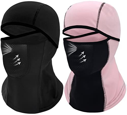 Breathable Kids Balaclava Ski Mask (2 Pack), Fleece Winter Face Mask for Cold Weather Boys Girls - Children Snow & Windproof Hat (Black + Pink)
