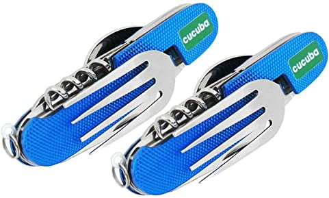 Cucuba® 2 juegos de cubiertos de color azul 4 piezas (cuchillo, tenedor, cuchara, abridor de botellas) ideal para camping, pesca, caza, actividad al aire libre