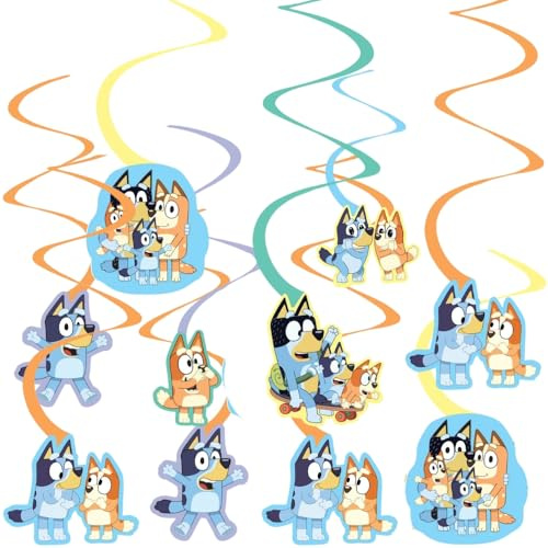 Stunning Bluey Spiral Decorations (Pack of 12) - Multicolor Cardstock Hanging Decor - Perfect for Parties, Events & Occasions
