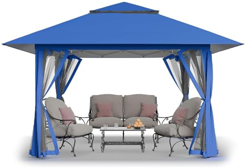 CROWN SHADES 13x13 Pop Up Gazebo, Canopy Tent, Gazebos on Clearance - Outdoor Gazebo for Backyard & Patio Furniture - Carpa Pop Up Tent with Wheeled STO-N-Go Cover Bag (Blue)