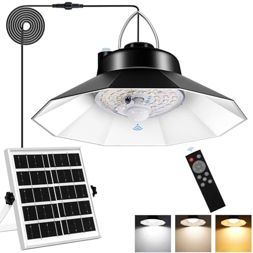 Aqonsie Solar Shed Light Indoor Outdoor Solar Pendant Daytime Work Lights with 3 Colors Temperature & 5 Lighting Modes+2 Timers, 1200LM Solar Motion Indoor Lights with Remote for Shed Gazebo Barn