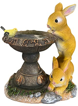 HH Home Hut Solar Powered Rabbit Garden Statue Outdoor Bunny Bird Ornament Decoration Figurine Décor LED Light Patio, Balcony, Yard, Lawn Housewarming Gift 22cm
