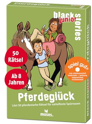 moses. Black Stories junior Pferdeglück - 50 pferdestarke Rätsel mit Geschichten vom Pony- und Reiterhof, Rätsel Kartenspiel mit Spielvariante und Punktechips, Rätselspiel für Kinder ab 8 Jahren
