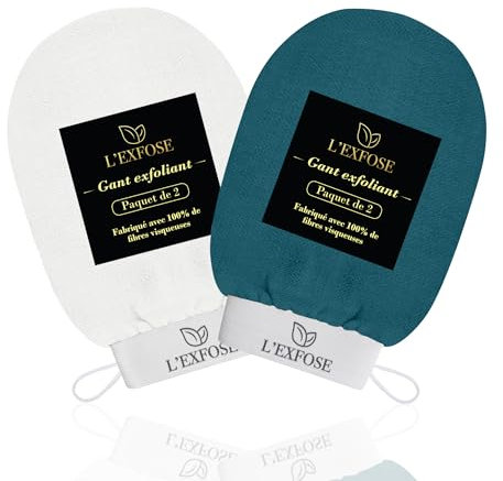 L'Exfose 2 x Peeling-Handschuh für Körper – Kessa Rosshaar-Peeling-Handschuh für Körper und Gesicht aus natürlicher Viskose – entfernt abgestorbene Hautzellen und spendet Feuchtigkeit – angenehmes
