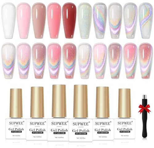 SUPWEE Rainbow Cat Eye UV Gel Nagellack Set, Universal Cat Eye Gel Nail Polish und 5 Farben Magnetischer Nagellack zum Einweichen mit Magnetstift für Nail Art DIY-Maniküre