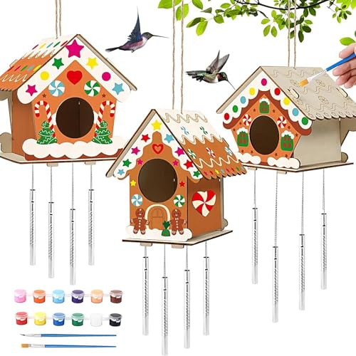 Vogelhaus-Set zum Basteln | Unvollendete Vogelhäuser für das Handwerk, unvollendetes Vogel-Windspiel von Hausvögeln mit 12 Farben, 2 Pinseln, 2 Schnüren, 3