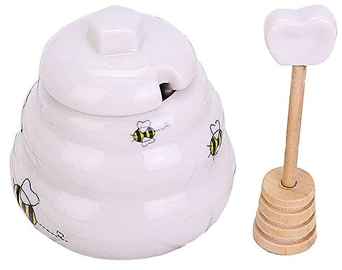 Gewürzdosen, Bauernhaus-Honigtopf aus Keramik mit Honigschöpflöffel aus Holz, Mini-Honigglas aus Porzellan, Honigbehälter for die Küche zu Hause, for Aufbewahren von Honig und Sirup, Weiß, 8,5 x 8,5 x