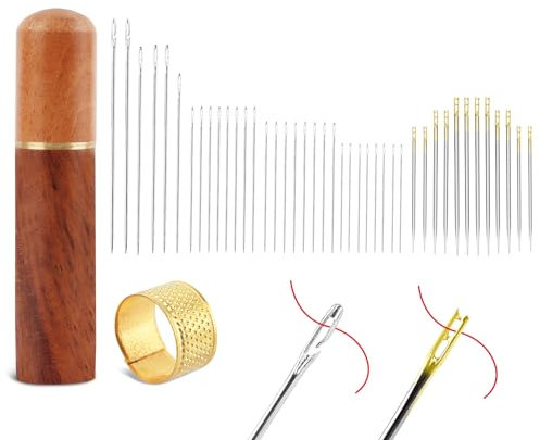 UKOFEW 42 Piezas Agujas de Enhebrado Automático,Agujas de Coser a Mano,Agujas Ciegas,1 Con caja de agujas de madera y 1 dedal,Agujas Autoenhebrables para Personas Mayores y Ciegas