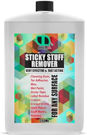 Sticky Stuff Remover multi-surface adhesive used chewing gum, wood, glass, metal, tiles, painted surfaces, sticky labels, grease, tar, glue, wax, crayon & much more (250ml Postal)