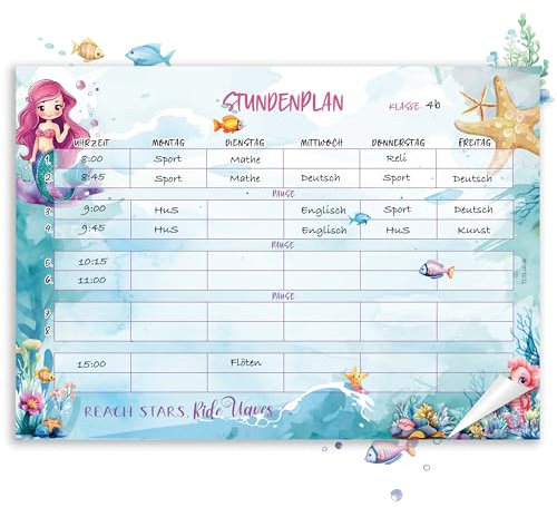 TOBJA Meerjungfrau Stundenplan für Grundschule DIN A4 Block, 25 Blatt | Aus hochwertigem Papier, ideal für Schultüte | 1 Klasse Geschenk Mädchen (Block Papier)