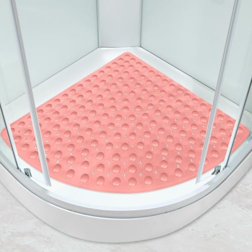 Große Eck-Duschmatte, rutschfest, Anti-Schimmel mit Saugnäpfen, 70 x 70 cm, weiche Textur, Viertelkreis, Badematte für begehbare Dusche mit Ablaufsektor, Massage-Bodenmatte für Badezimmer (Rosa, 70 x