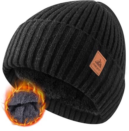 FORVEVO Cappello Invernale Uomo Donna, Cappello Riscaldante, Berretto Maglia, Fodera Pile, Cappelli Invernali Classico, con Risvolto (Nero)