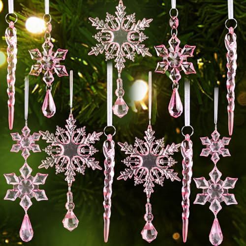 FOIMAS 25pcs Christmas Snowflake Icicle Ornament,Pink Acrylic Icicle Snowflake Drop Pendant Crystal Hanging Ornaments with Ribbon for Christmas Tree Home Decoration