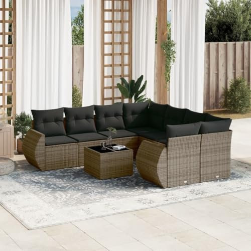 THOYTOUI 9-TLG. Garten-Sofagarnitur, Balkon möbel Set Lounge Set Outdoor Gartengarnitur Set Gartenlounge Set Geeignet für Balkon Veranda Terrasse Garten mit Kissen Grau Poly Rattan