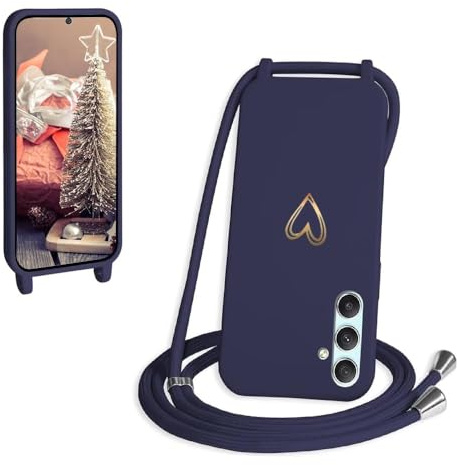 CaseLover Handykette für Samsung Galaxy S24 FE Hülle mit Band, Herz Muster Silikon Necklace Handyhülle mit Abnehmbar Kordel zum Umhängen Stossfest Bumper Schutzhülle für Samsung S24 FE 5G, Navy Blau