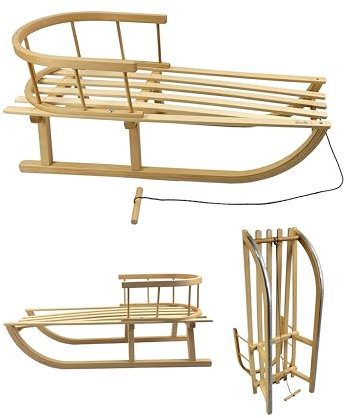 Kinderschlitten 90 cm mit Rückenlehne - Holzschlitten aus massivem Buchenholz - Rodelschlitten Schneeschlitten Davoser mit Leine & Griff - robuste Kufen mit Leichtlauf-Stahlkufenbeschlägen