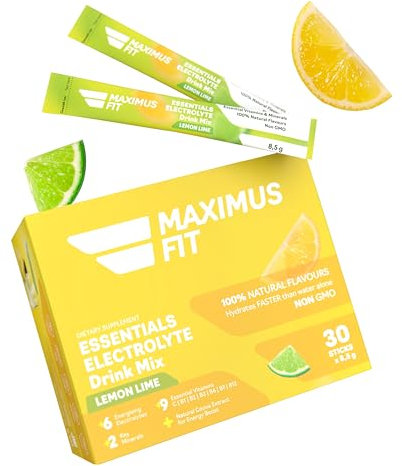 Maximus Fit Electrolytes Powder Sachets, Electrolyte Drink Mix Hydration Pack – Sodium, Magnesium Citrate, Vitamin C, B1, B2,B3,B6,B7,B12 – Natural Marine Plant Calcium & Zinc – 30 Sticks - Lemon/Lime