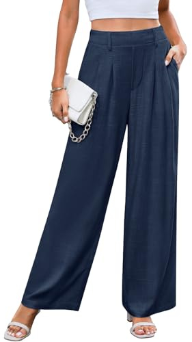 CMTOP Pantalones Mujer de Lino Verano Pantalones Casuales de Pierna Recta Ancha Pantalones Cintura Elástica Pantalones Sueltos con Bolsillos