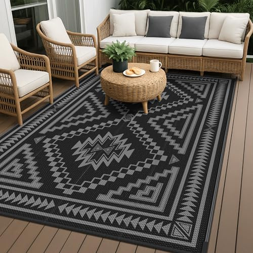 GENIMO Tappeto da Esterno,Tappeto Per Esterno Impermeabili Eeversibili Lavabili, Antipioggia per Terrazze,Giardini,Camper,Picnic,Balcone,Losanga Nero Grigio,150x240 cm
