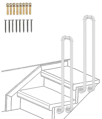 White Wrought Iron Industrial Pipe Stair Handrail U Shaped Side Mounted Balustrade Fixing Banister Non Slip Grab Bar Complete Kit (1.6ft/50cm)