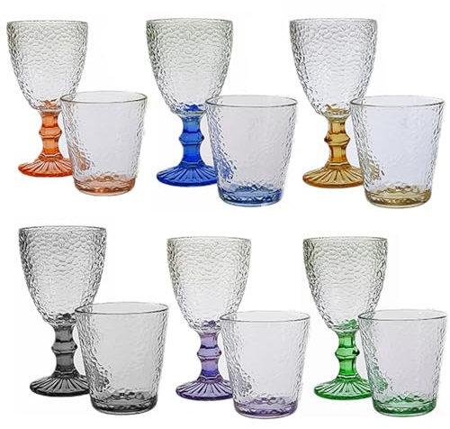 Set 12 Bicchieri 6 acqua 6 vino calici con piede in Vetro multicolore da tavola Eleganti Stile Raffinatezza in casa per Ogni Tavola e Occasione bar hotel ristorante