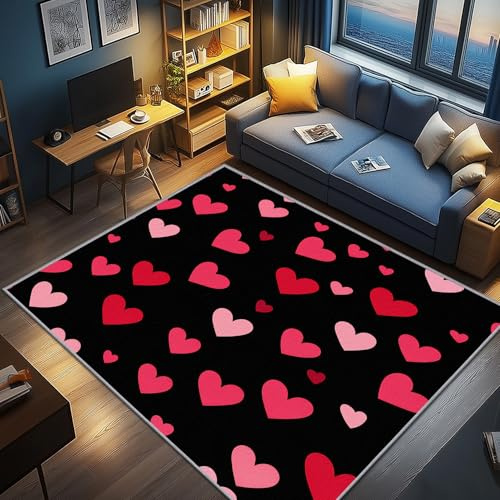 AevuCub Rosa Herz Deko, Romantisch Mädchen Teppich 60x90 Kurzflor, Kleiner Teppich Wohnzimmer Modern, Weich rutschfest Waschbare Teppiche, Bettvorleger Schlafzimmer Kinderzimmer